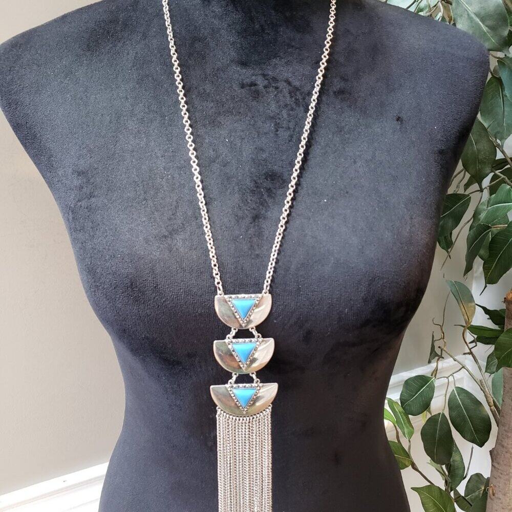 Womens Fashion Periwinkle Blue & Silver Tassel Necklace Jewelry w/ Lobster Clasp - Picture 3 of 7
